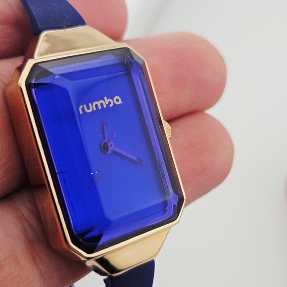 Rumba Watch Gold Tone With Cobalt Blue Thin Silicone Band Bold Futuristic Casual - Picture 3 of 6